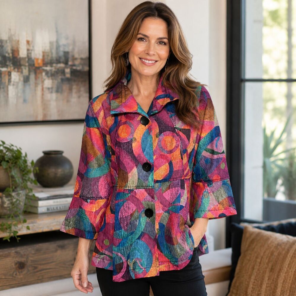 Damee Wire Collar Abstract Print Textured Jacket Top Pink Blue Button Front M